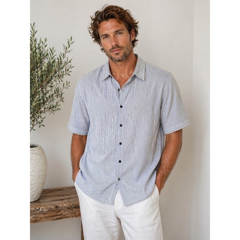 AQUASCUTUM Linen Cotton Button Down Shirt Mens Large Gray White Micro Stripes